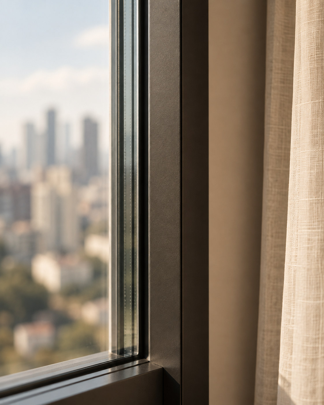 Canto de uma janela com caixilho de alumínio anthracite fosco e vidro laminado duplo, com São Paulo desfocada ao fundo.