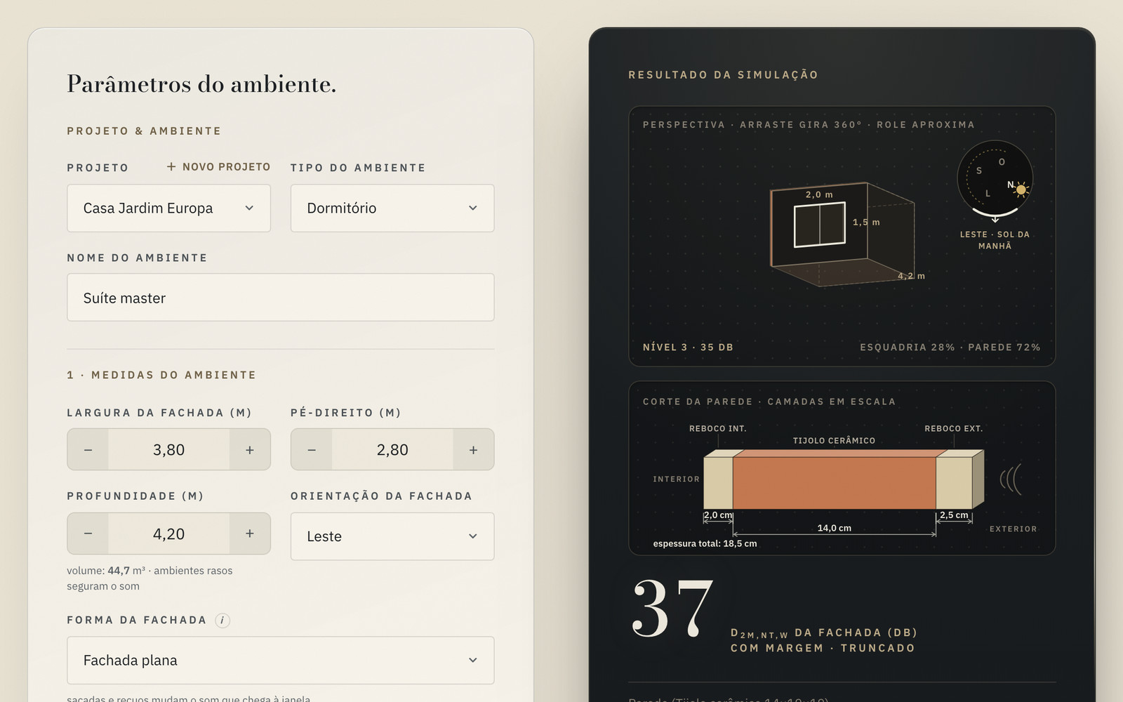 A calculadora acústica Nera: parâmetros do ambiente à esquerda, resultado da simulação com visualização 3D à direita.
