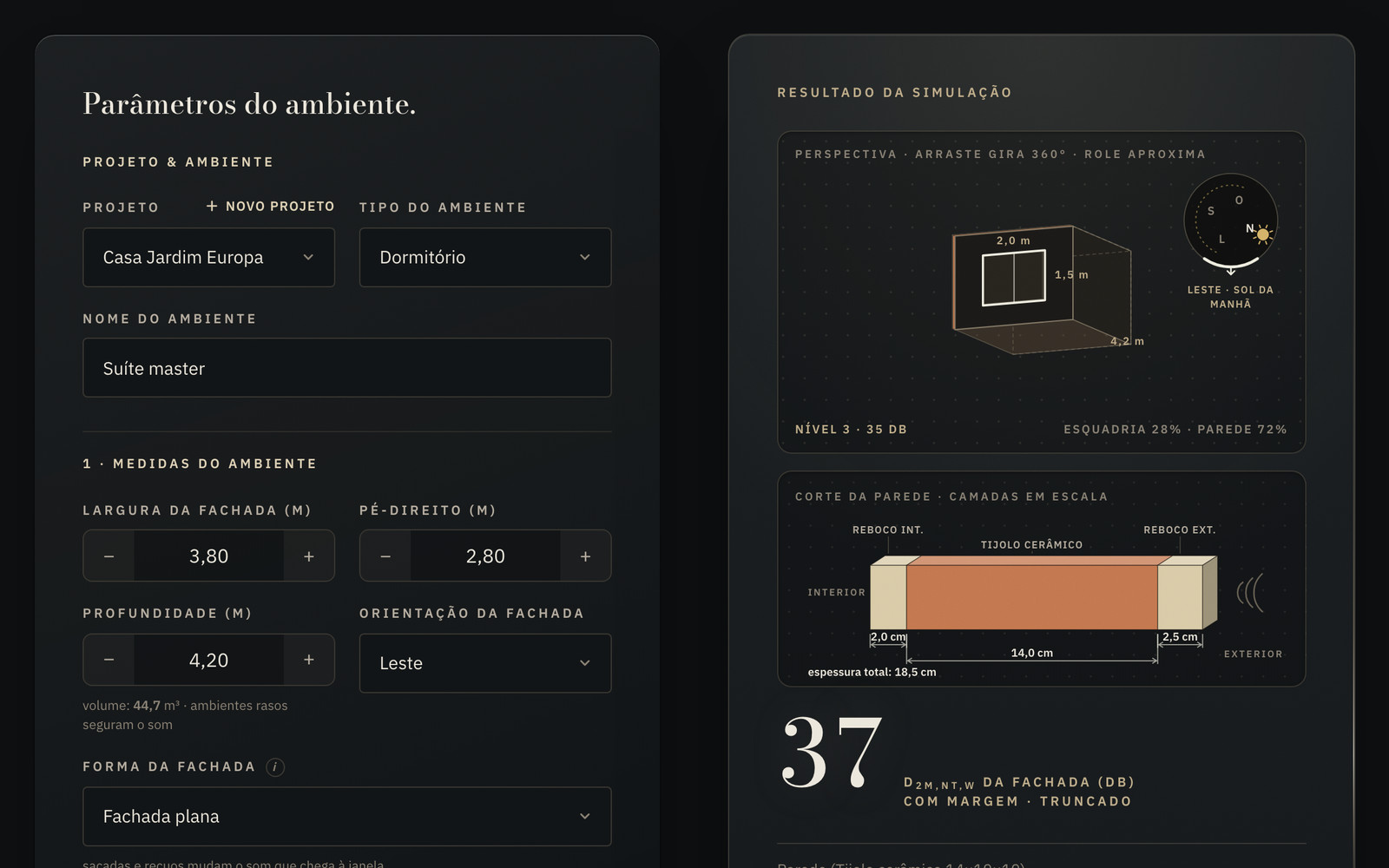 A calculadora acústica Nera: parâmetros do ambiente à esquerda, resultado da simulação com visualização 3D à direita.