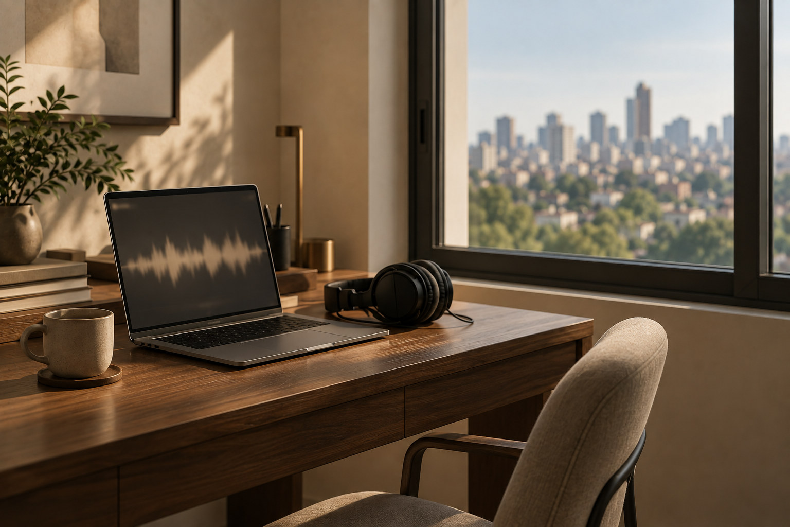 Mesa de estudo em casa, com notebook mostrando uma onda sonora e fones ao lado.