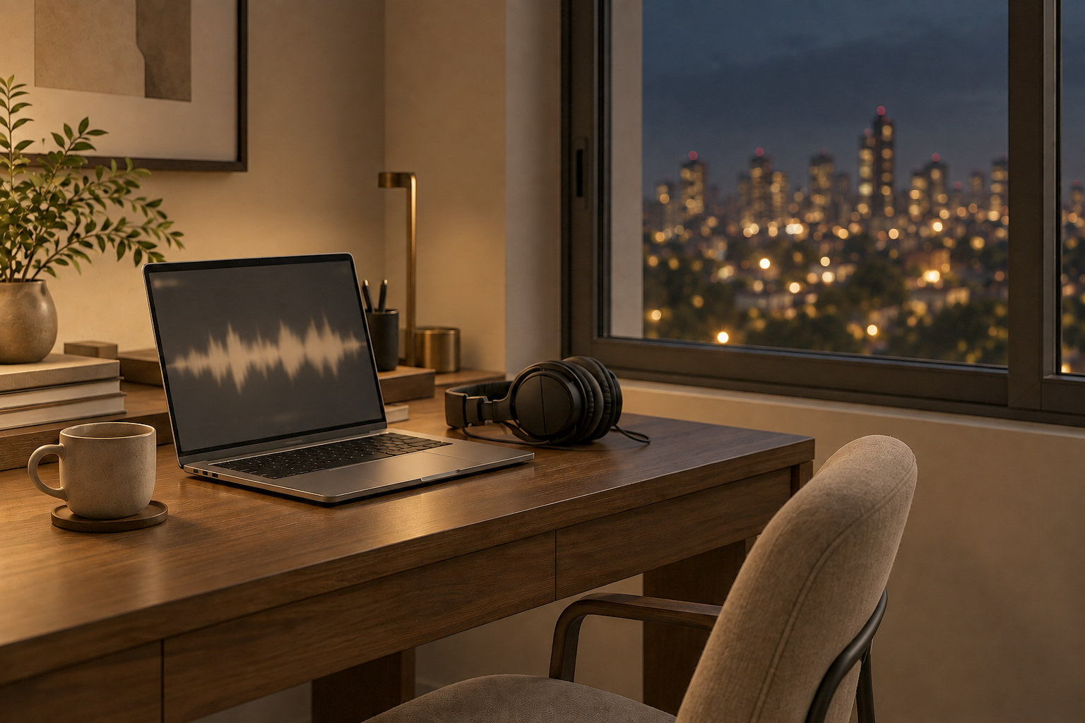 Mesa de estudo em casa, com notebook mostrando uma onda sonora e fones ao lado.