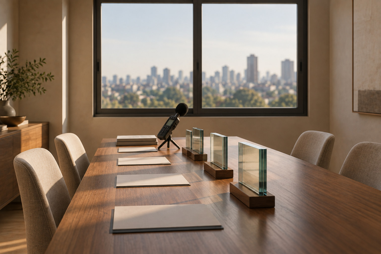 Sala de reunião preparada para a imersão, com amostras de vidro e sonômetro alinhados sobre a mesa.