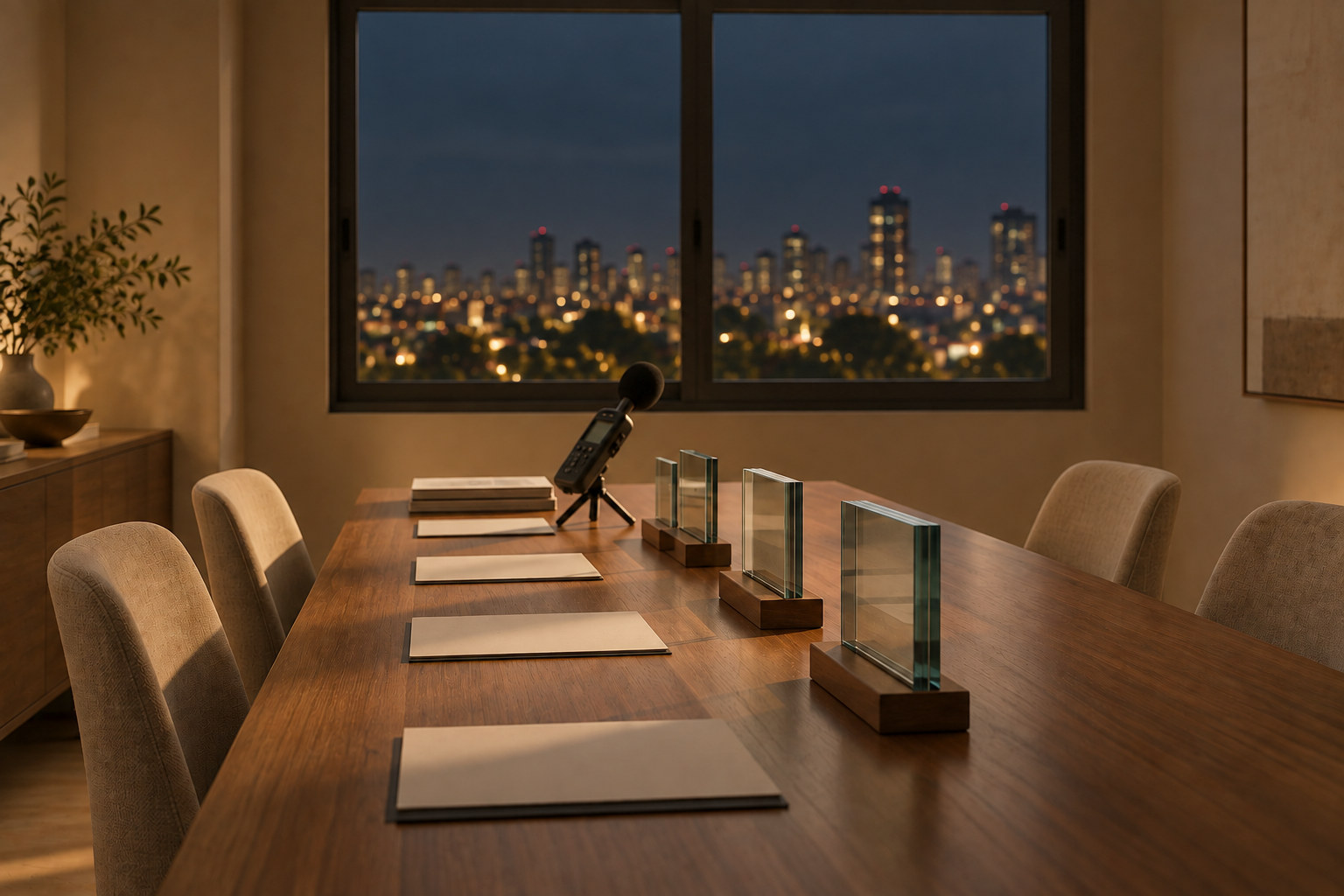Sala de reunião preparada para a imersão, com amostras de vidro e sonômetro alinhados sobre a mesa.