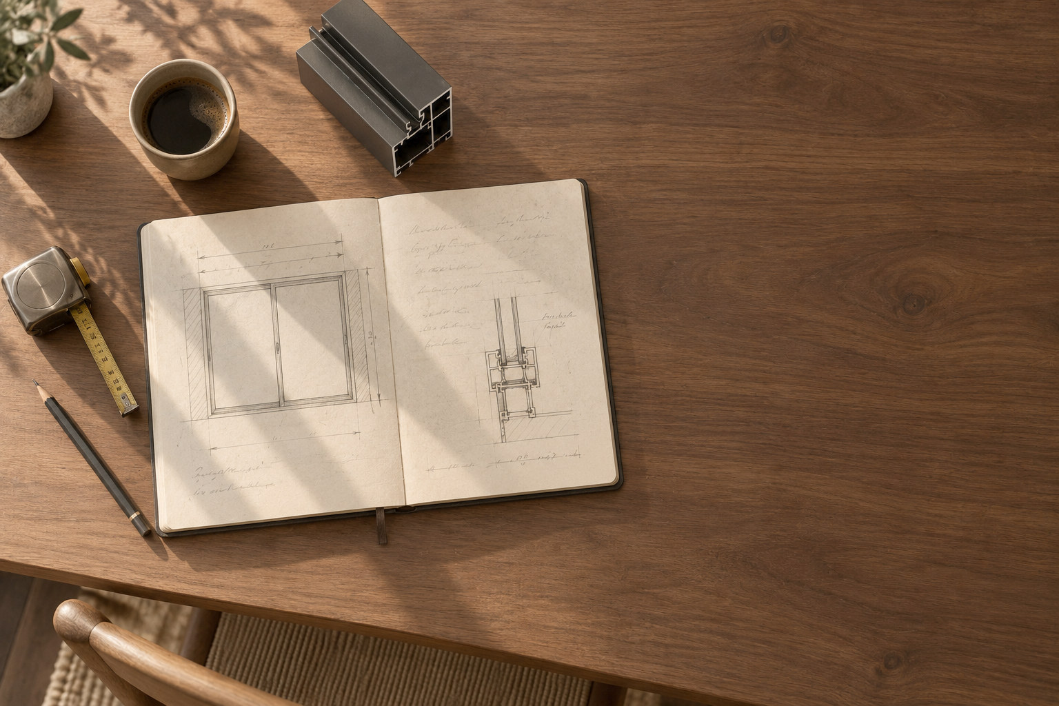 Caderno aberto com o desenho de uma janela em elevação e o corte do perfil, ao lado de uma sobra de perfil de alumínio.