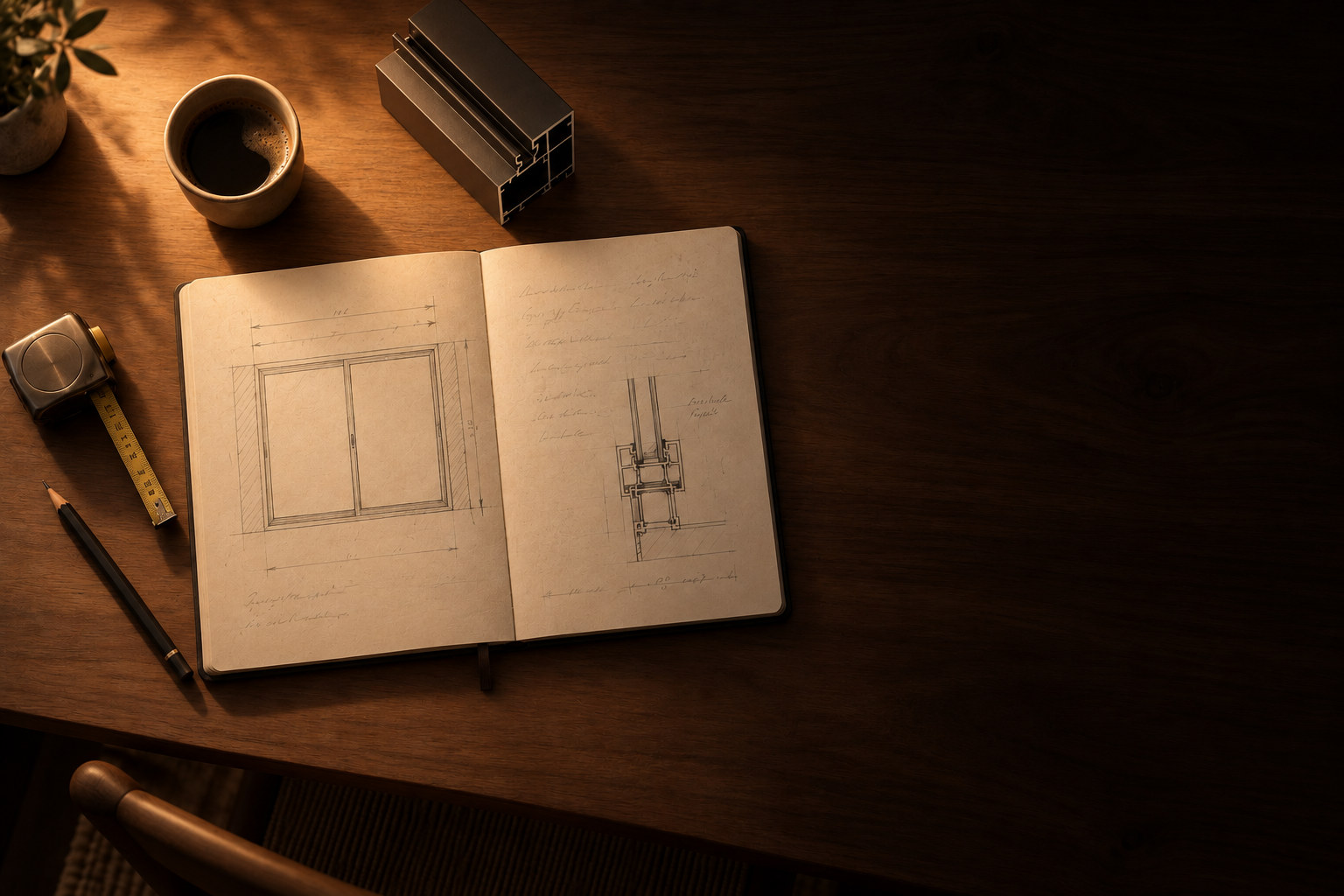 Caderno aberto com o desenho de uma janela em elevação e o corte do perfil, ao lado de uma sobra de perfil de alumínio.
