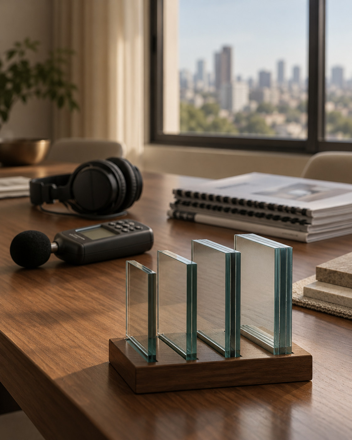Mesa de treinamento com amostras de vidro laminado vistas de lado, sonômetro, fones e apostilas técnicas.